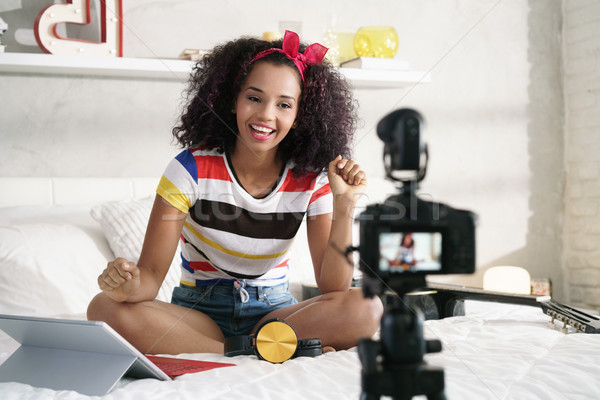 Stock photo: Girl Recording Vlog Video Blog At Home With Camera