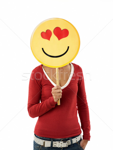 Nő emotikon fiatal felnőtt tart piros szívek Stock fotó © diego_cervo