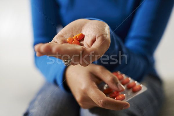 asian woman holding pills and medicine in hand Stock photo © diego_cervo