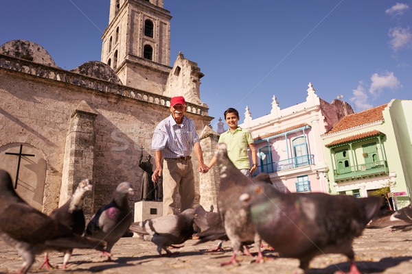 Grandparent And Grandson Feeding Pigeons With Bread On Vacations Stock photo © diego_cervo