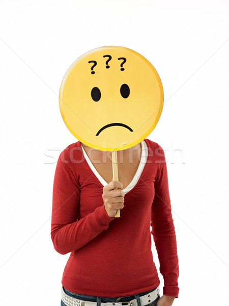 Frau Emoticon halten Fragezeichen weiß Stock foto © diego_cervo