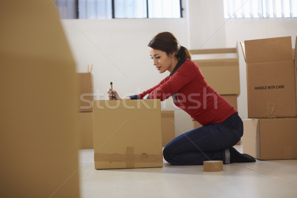 Caucasiano mulher em movimento novo apartamento caixas Foto stock © diego_cervo