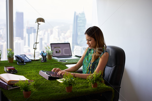 Environmentalist Woman Types Email With Tablet On Office Desk Stock photo © diego_cervo