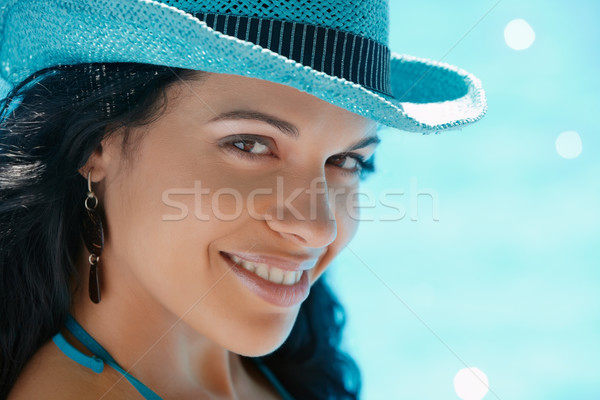 Genç kadın oturma yüzme havuzu güzel mutlu genç Stok fotoğraf © diego_cervo