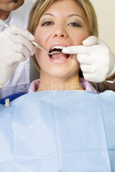 Stock foto: Zahnarzt · Spiegel · Kopie · Raum · Schwerpunkt · Frau · Mädchen