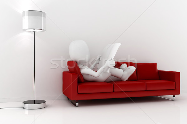 Foto stock: O · homem · 3d · leitura · jornal · vermelho · sofá · homem