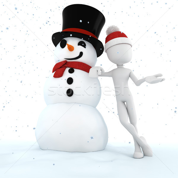 3d man and snow man , merry christmas ! Stock photo © digitalgenetics