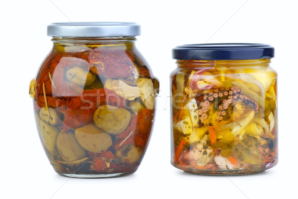 Glass jars with olives and seafood Stock photo © digitalr
