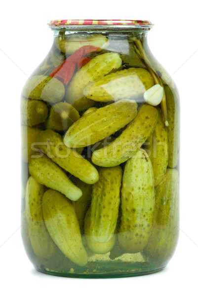 Stockfoto: Groot · glas · jar · eigengemaakt · gemarineerd · komkommers