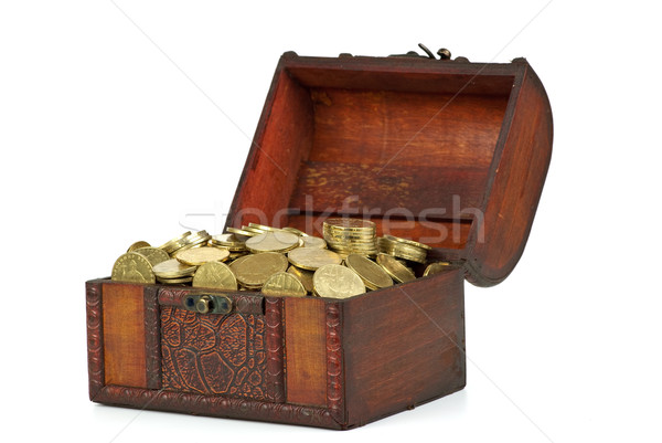 Stock photo: Old wooden chest with golden coins