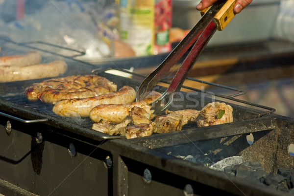 Kolbászok hús grill fém fekete főzés Stock fotó © digitalr
