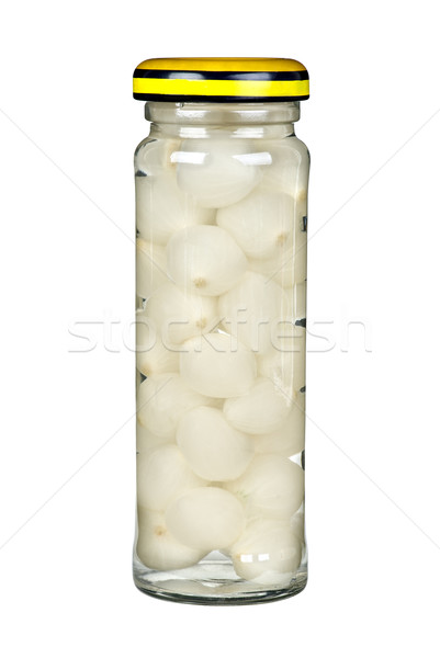 商業照片: 玻璃 · 罐 · 醃製 · 蔥 · 孤立 · 白