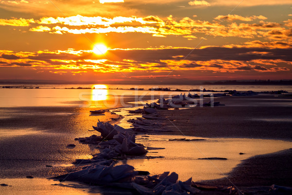 Inverno pôr do sol lago Balaton Hungria água Foto stock © digoarpi