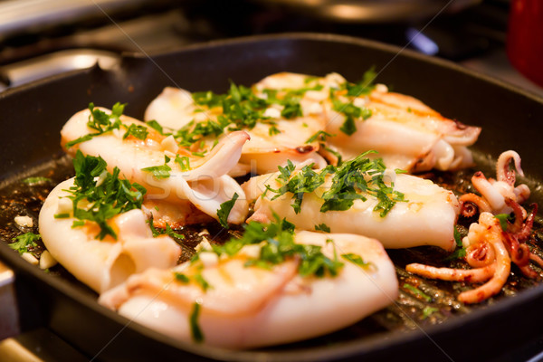 Tintenfisch Gerichte mediterrane Küche Essen Fisch blau Stock foto © digoarpi