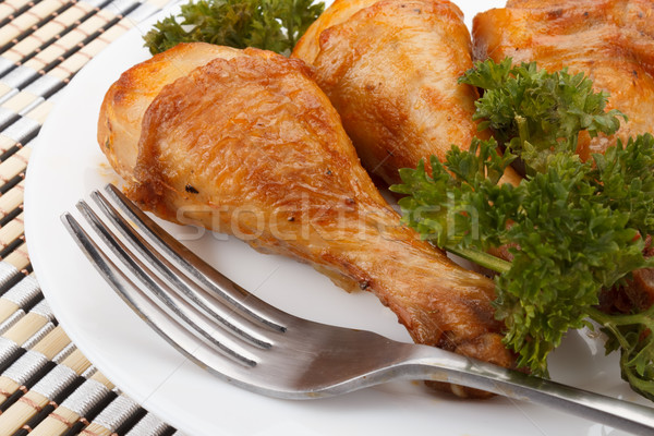 Foto stock: Frango · grelhado · pernas · branco · prato · frango · carne