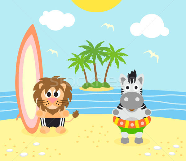  Summer background with lion and zebra on the beach Stock photo © Dimpens