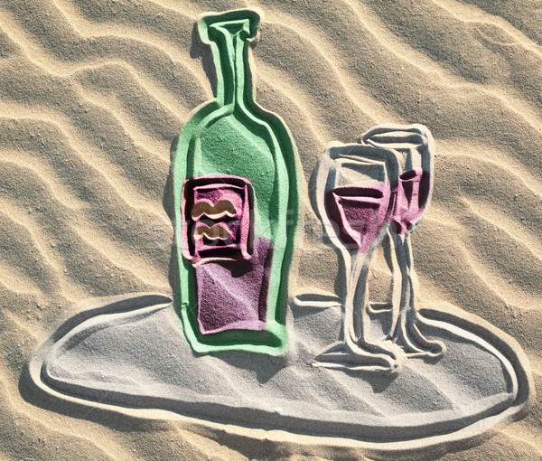 Colored drowing of red wine bottle on sand Stock photo © Dinga