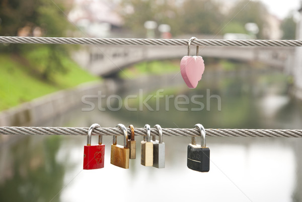Liebe Zaun verschlossen Brücke Herz Paar Stock foto © dinozzaver