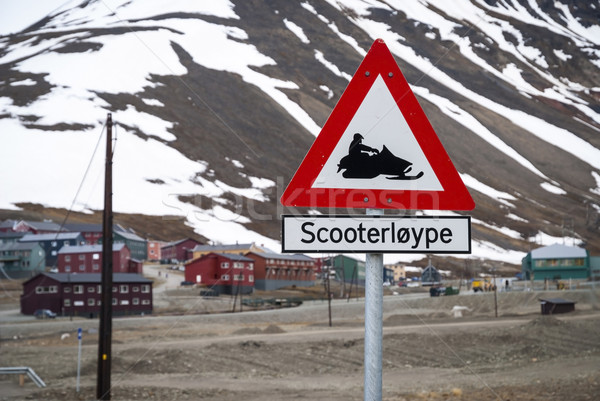 Snowmobile warning sign, Longyearbyen, Svalbard Stock photo © dinozzaver