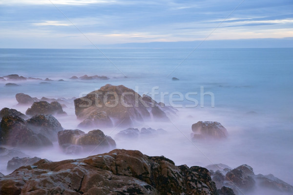 Stockfoto: Lange · blootstelling · zee · rotsen · avond · schemering · hemel