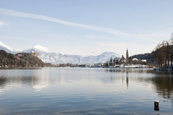 Lago castillo detrás Eslovenia invierno cielo Foto stock © dinozzaver