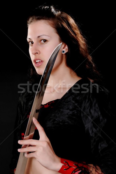 Szívós lány portré fiatal szőke kard Stock fotó © diomedes66