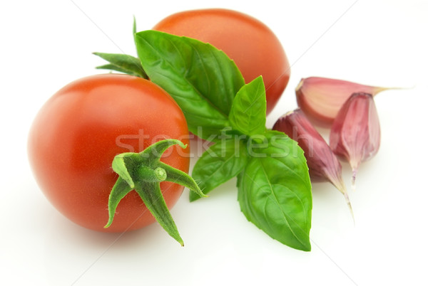 Stock photo: Tomato and garlic with basil