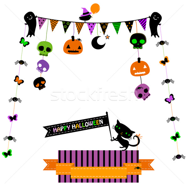 Stockfoto: Halloween · partij · ingesteld · kat · schedels