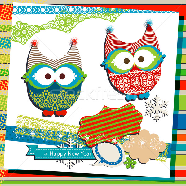 Foto stock: Invierno · álbum · de · recortes · plantilla · cute · búhos · papel