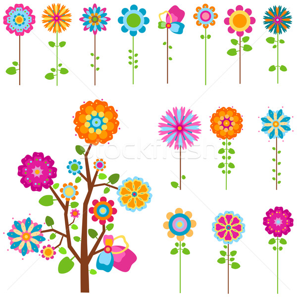 Retro flori set colorat copac primăvară Imagine de stoc © dip
