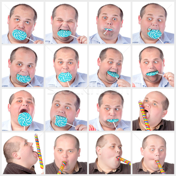 Collage portrait fat man eating a lollipop Stock photo © Discovod