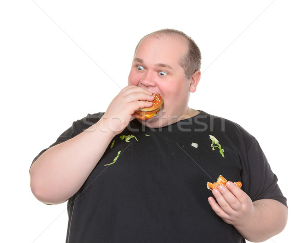 Foto d'archivio: Uomo · grasso · mangiare · hamburger · bianco · alimentare · corpo