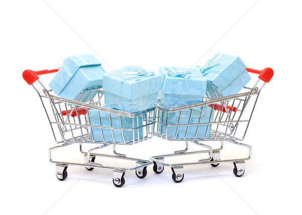 Ciánkék ajándékdobozok vásárlás doboz fehér szalag Stock fotó © Discovod