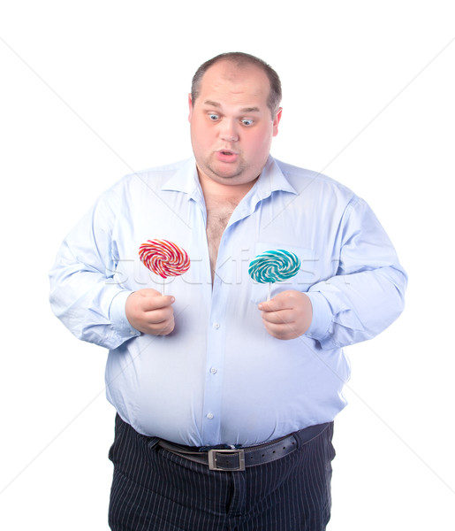 胖子 藍色 襯衫 棒糖 孤立 男子 商業照片 © Discovod