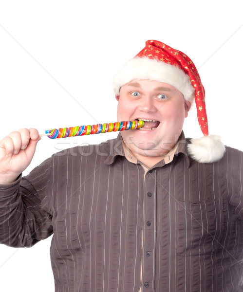 Derűs kövér férfi mikulás kalap elhízott férfi Stock fotó © Discovod