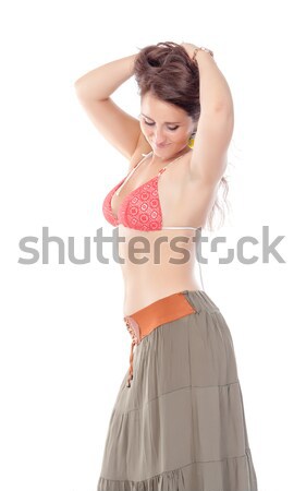 Foto stock: Retrato · belo · mulher · jovem · praia · vestir · branco