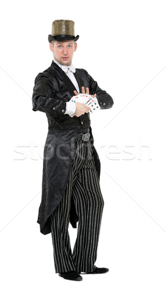 иллюзионист играет карт белый фон весело Сток-фото © Discovod