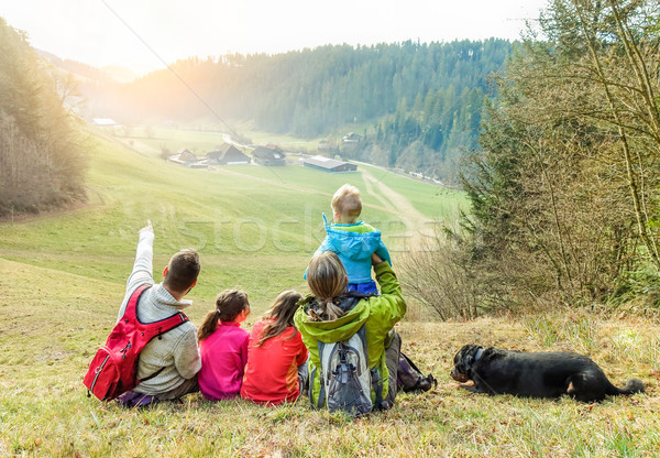 Stock photo: Large family having trekking vacation day in switzerland mountai