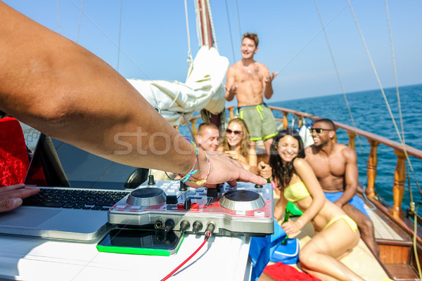 Boldog gazdag barátok csónak buli szett Stock fotó © DisobeyArt