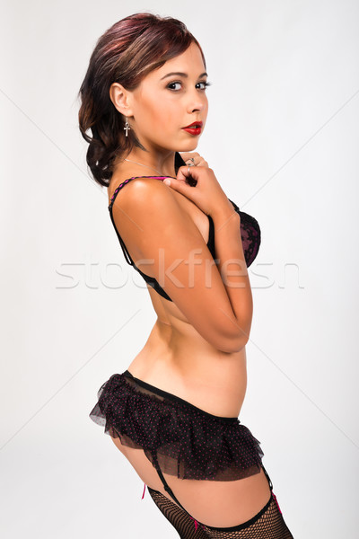 брюнетка довольно молодые черное белье девушки Sexy Сток-фото © disorderly