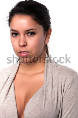 Gri kazak güzel genç kız yüz Stok fotoğraf © disorderly