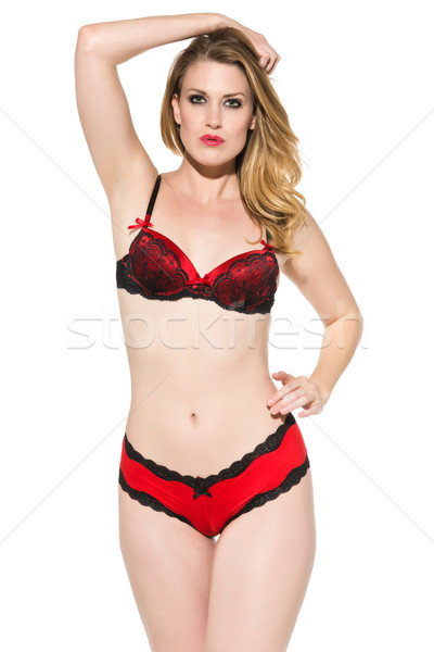 Szőke nő gyönyörű sápadt piros fekete fehérnemű nő Stock fotó © disorderly