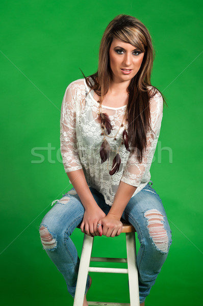 брюнетка довольно молодые белая блузка джинсов девушки Сток-фото © disorderly