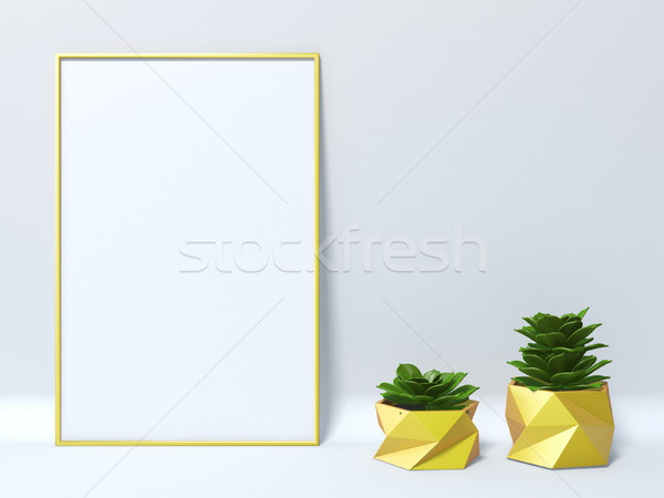 Mock up yellow blank picture frame with two succulent 3D Stock photo © djmilic