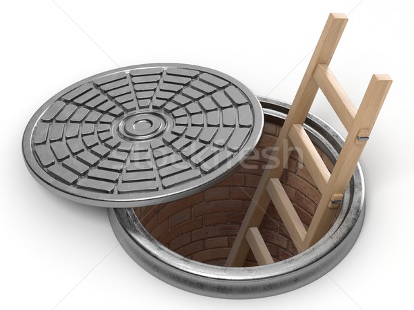 Opened street manhole with wooden ladder inside. 3D Stock photo © djmilic