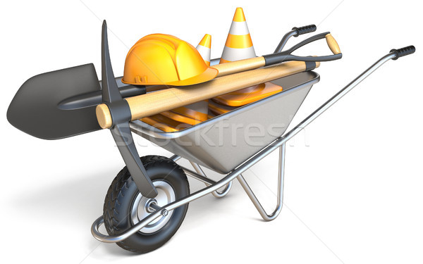 Wheelbarrow with shovel, pickaxe, traffic cones and hardhat 3D Stock photo © djmilic
