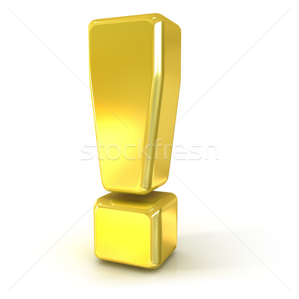 Foto stock: Ponto · de · exclamação · 3D · dourado · assinar · isolado · branco