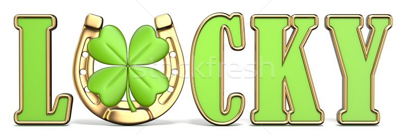 Word LUCKY with horse-shoe and four-leaf clover Front view 3D Stock photo © djmilic