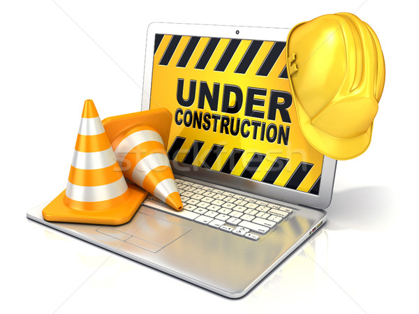 Laptop with safety helmet and traffic cones. 3D rendering - conc Stock photo © djmilic