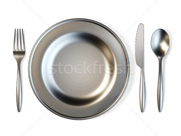 Metal plate, fork, knife and spoon 3D Stock photo © djmilic